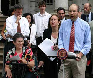 Photo of Bill de Blasio, Jean Ryan, Gale Brewer, Craig Gurian and others at press conference in front of City Hall in Manhattan