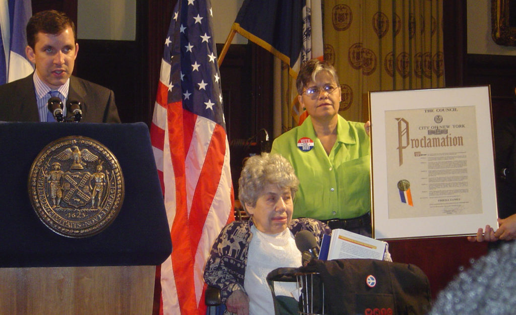 Photo of Gifford Miller, Margarita Lopez and Frieda Zames at proclamation ceremony July 22. 2004